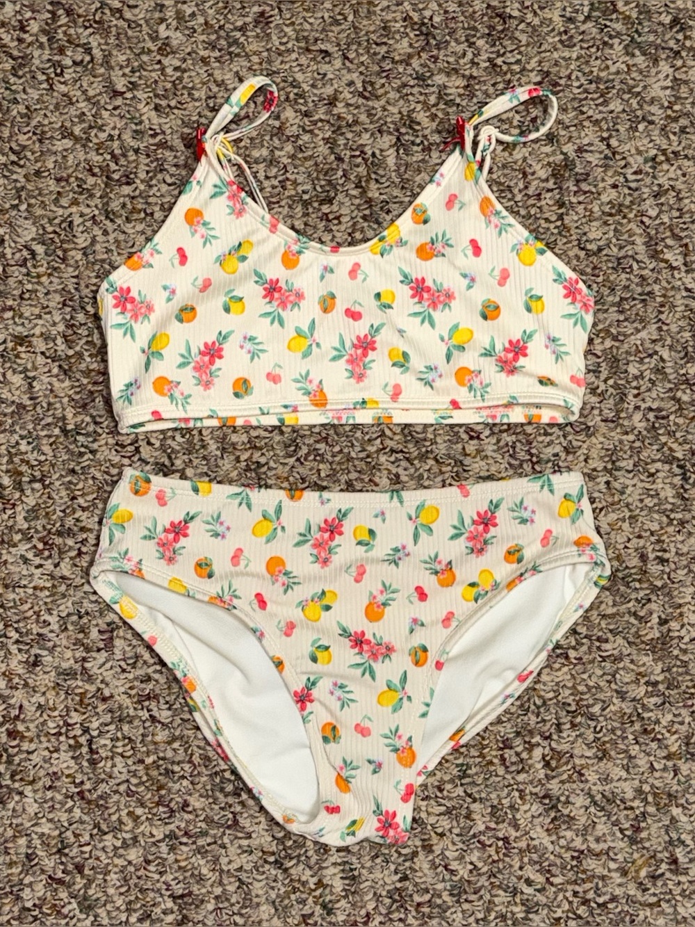 Girls size large 10/12 bakini Two-Piece Floral & Fruit Print Swim Set - Cream